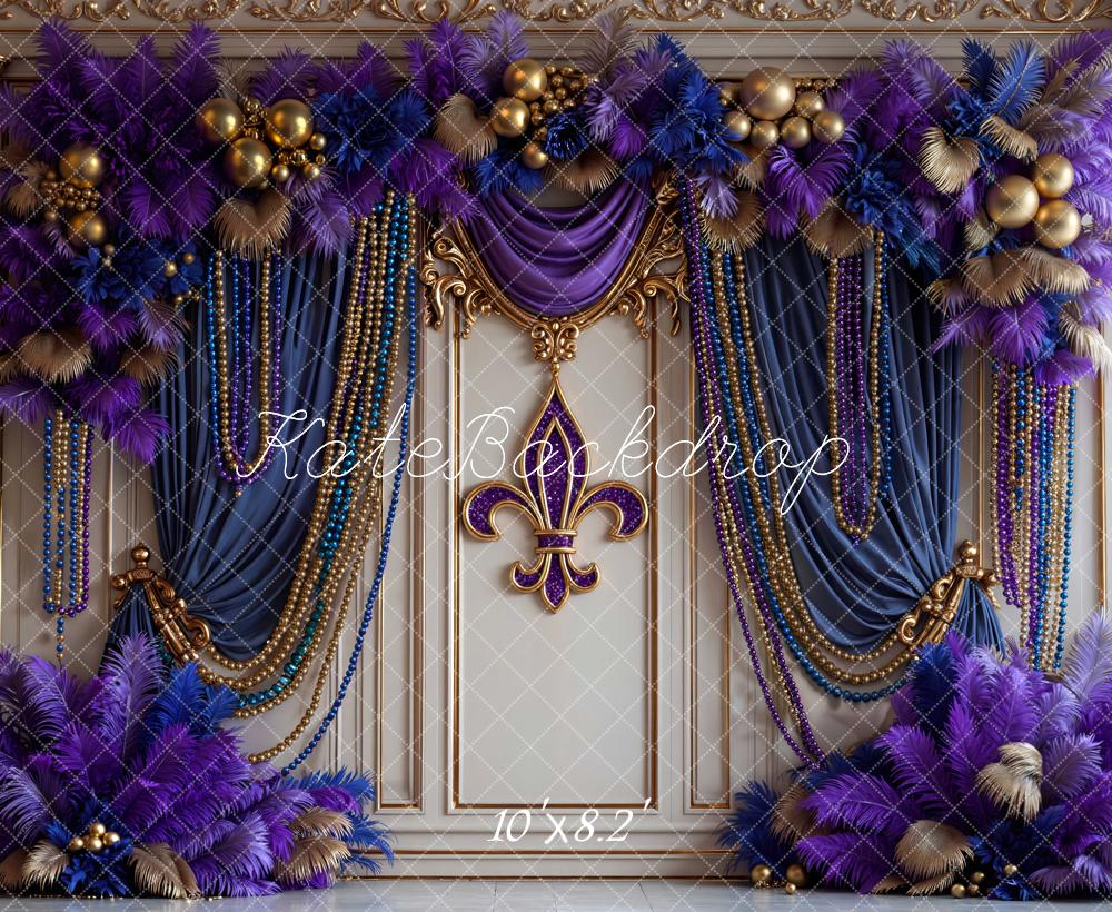 Kate Mardi Gras Fleur De Lis Purple Gold Beads Floral Curtain Backdrop Designed by Mini MakeBelieve