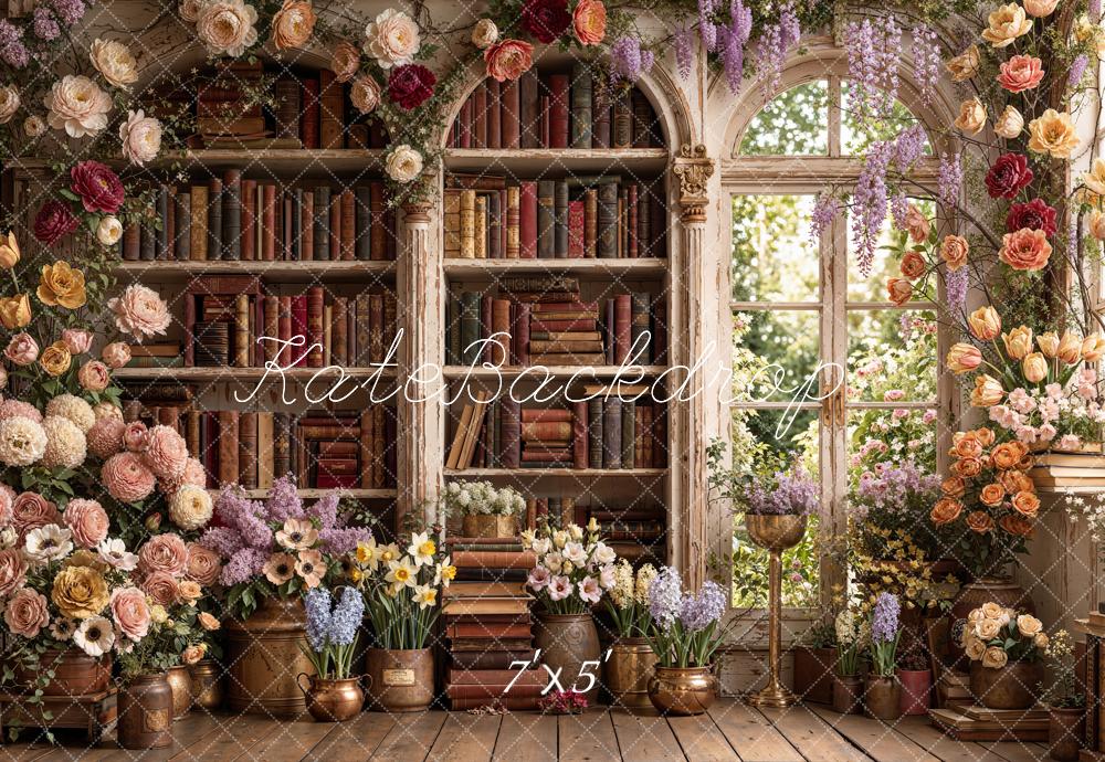 Kate Bookshelf Flower Arch Window Printed Backdrop Designed by Emetselch