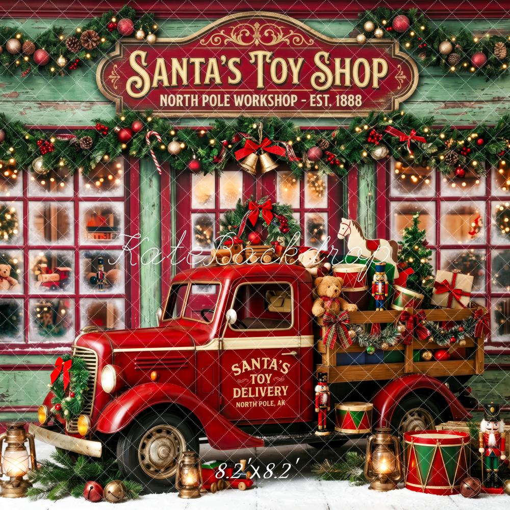 Kate Christmas Truck Santa's Toy Shop Garland Gifts Printed Backdrop Designed by Patty Roberts