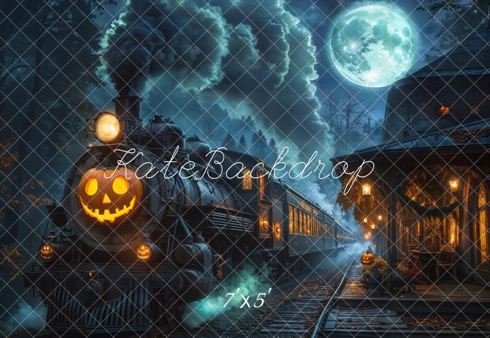 Kate Halloween Haunted Train Station Pumpkin Lantern Moon Printed Backdrop Designed by Emetselch
