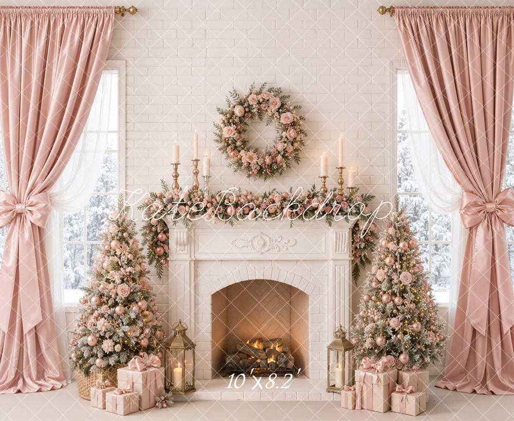 Kate Christmas Tree Pink Curtains Floral Fireplace Wreath Printed Backdrop Designed by Emetselch