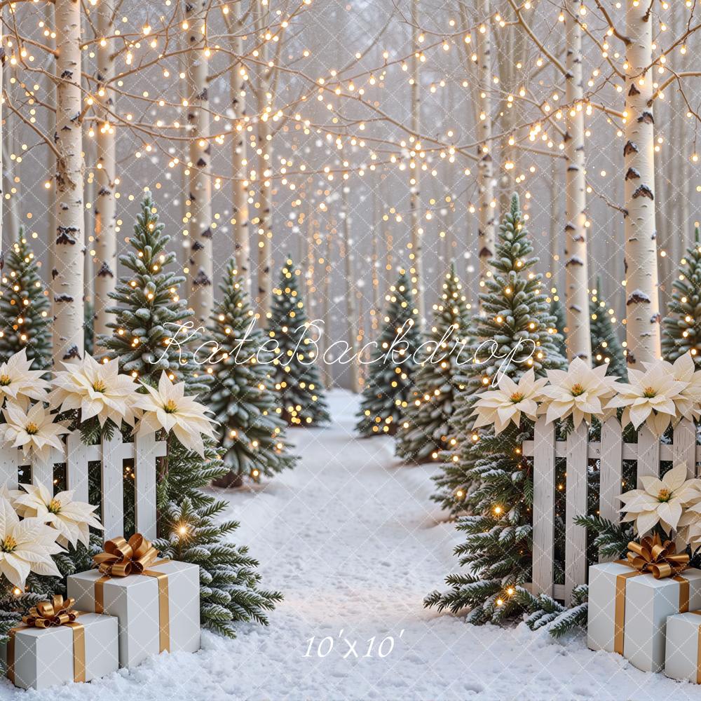 Kate Christmas Birch Forest Poinsettia Snow Presents Lights Printed Backdrop Designed by Mini MakeBelieve