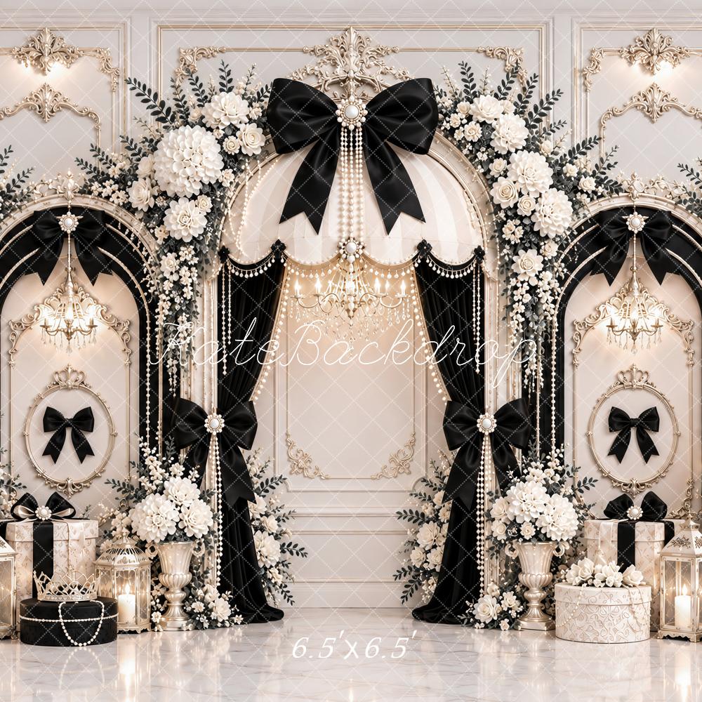 Kate Elegant Black Bow Flower Arch White Vintage Wall Printed Backdrop Designed by Ashley Paul