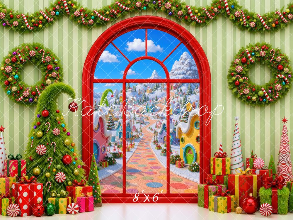 Kate Christmas Tree Whoville Village Window Garland Wreath Gifts Presents Printed Backdrop Designed by Mini MakeBelieve
