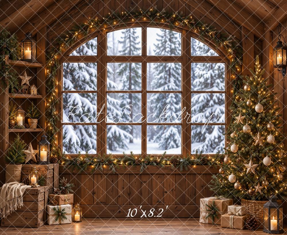 Kate Christmas Rustic Cabin Arched Window Christmas Tree Printed Backdrop Designed by Emetselch
