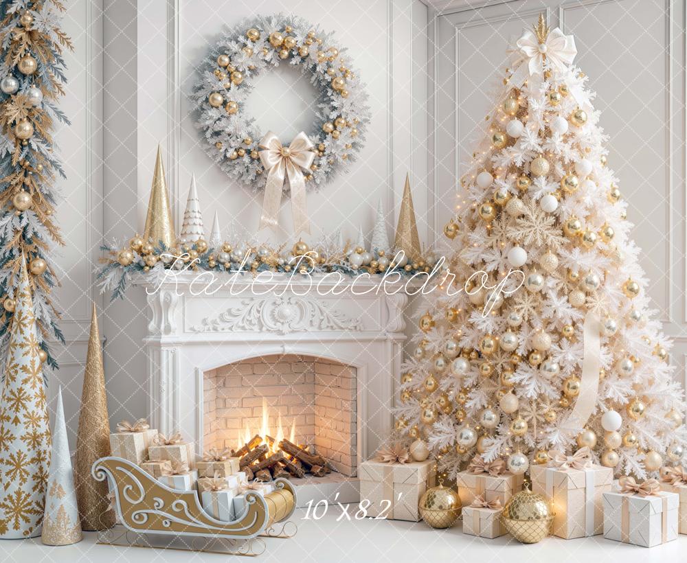 Kate Christmas White Tree Gold Decorations Fireplace Presents Sleigh Printed Backdrop Designed by Mini MakeBelieve