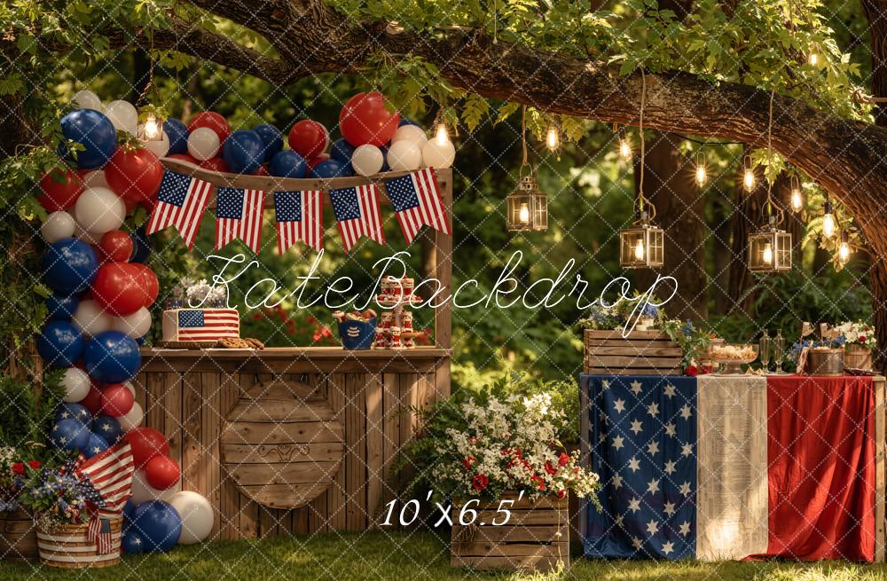 Kate 4th of July Patriotic Outdoor Balloons American Flags Rustic Table Printed Backdrop Designed by Emetselch