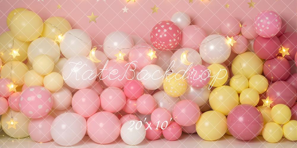 Kate Cake Smash Pink Balloon Wall With Star String Lights Printed Backdrop Designed by Emetselch