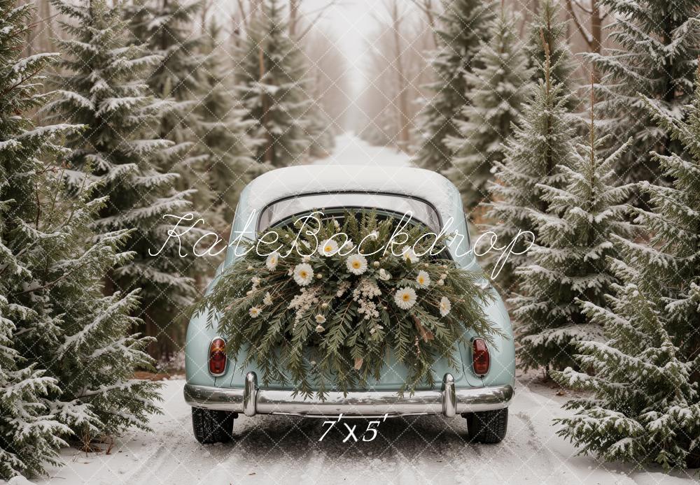 Kate Christmas Winter Vintage Car Evergreen Forest Flowers Snow Printed Backdrop Designed by Ashley Ward