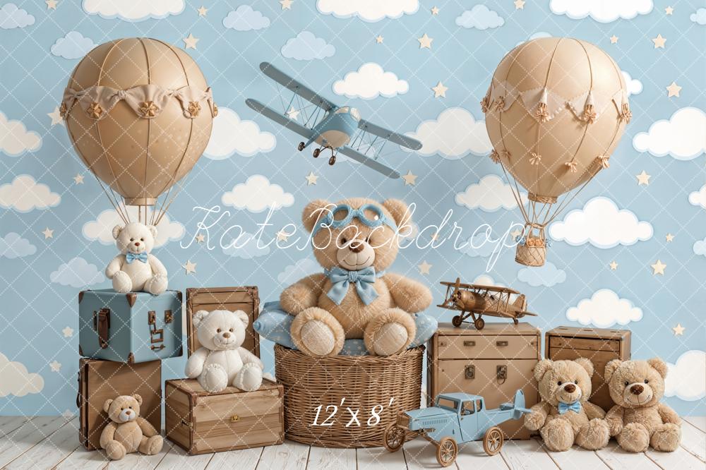 Kate Cake Smash Blue Teddy Bear Hot Air Balloon Airplane Clouds Backdrop Designed by Chain Photography