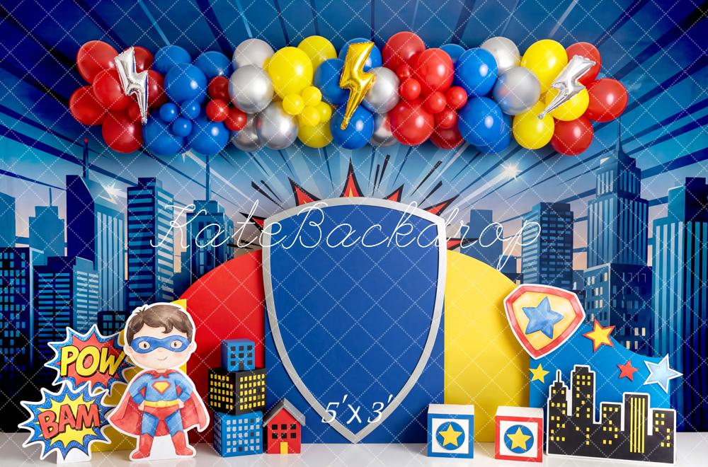 TEST Kate Superhero City Skyline Comic Balloons Shield Printed Backdrop Designed by Patty Roberts