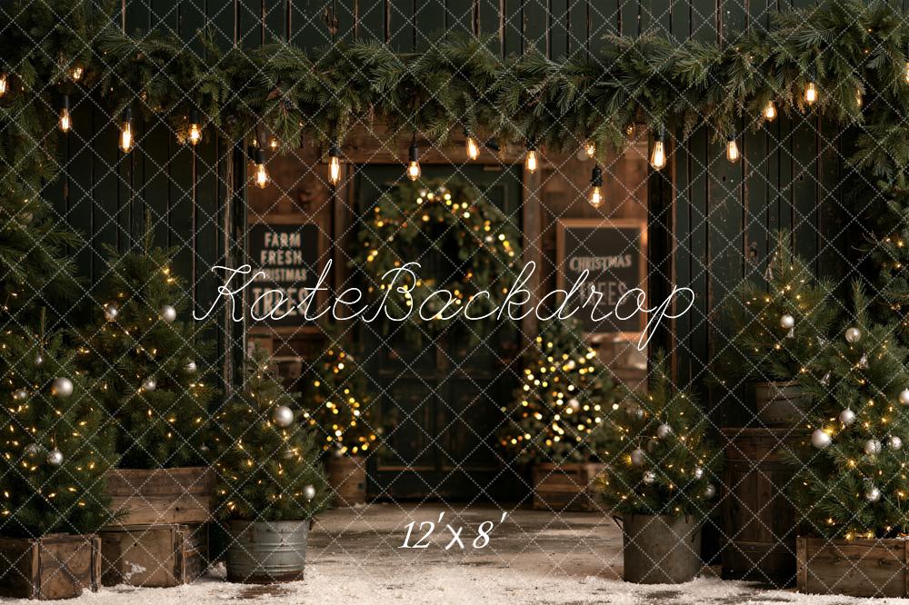 Kate Christmas Trees Farmhouse Evergreen Cabin Lights Printed Backdrop Designed by Emetselch
