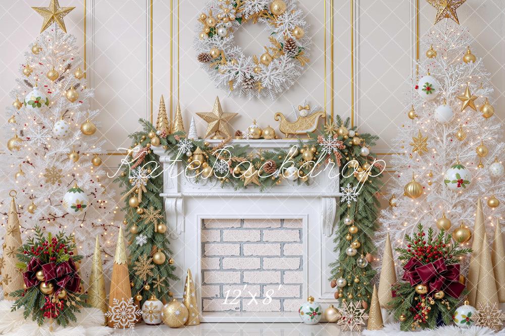 Kate Christmas White Trees Gold Fireplace Wreath Printed Backdrop Designed by Mini MakeBelieve