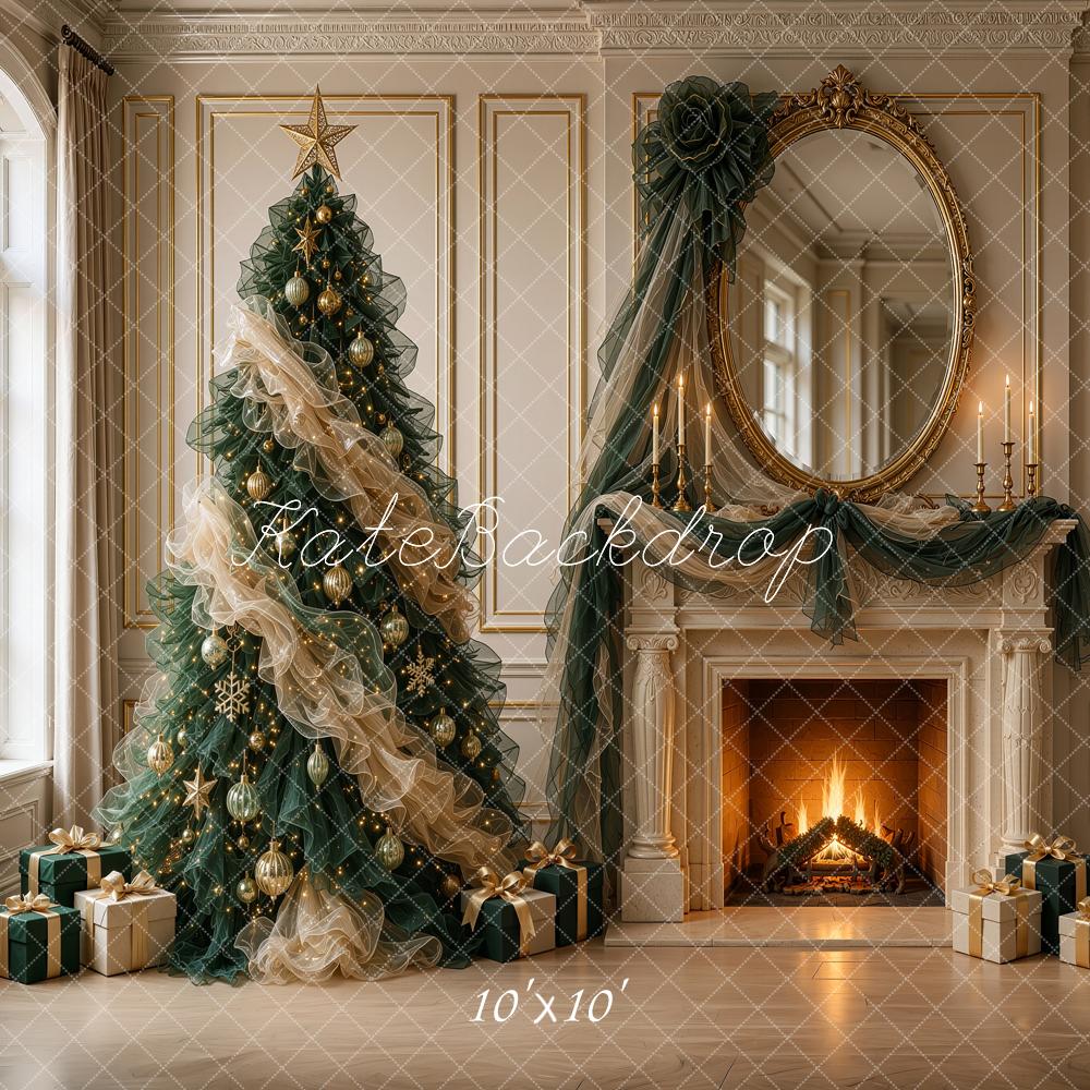 Kate Christmas Tree Tulle Fireplace Ornate Mirror Antique Printed Backdrop Designed by Shutter Swan Studios