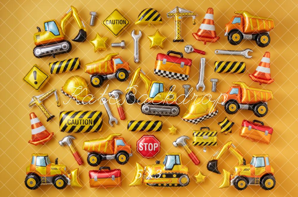 Kate Birthday Boys Construction Vehicle Balloon Wall Yellow Printed Backdrop Designed by Patty Roberts