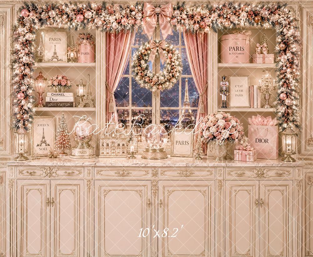 Kate Christmas Pink Paris Kitchen Cabinet Elegant Printed Backdrop Designed by Ashley Paul