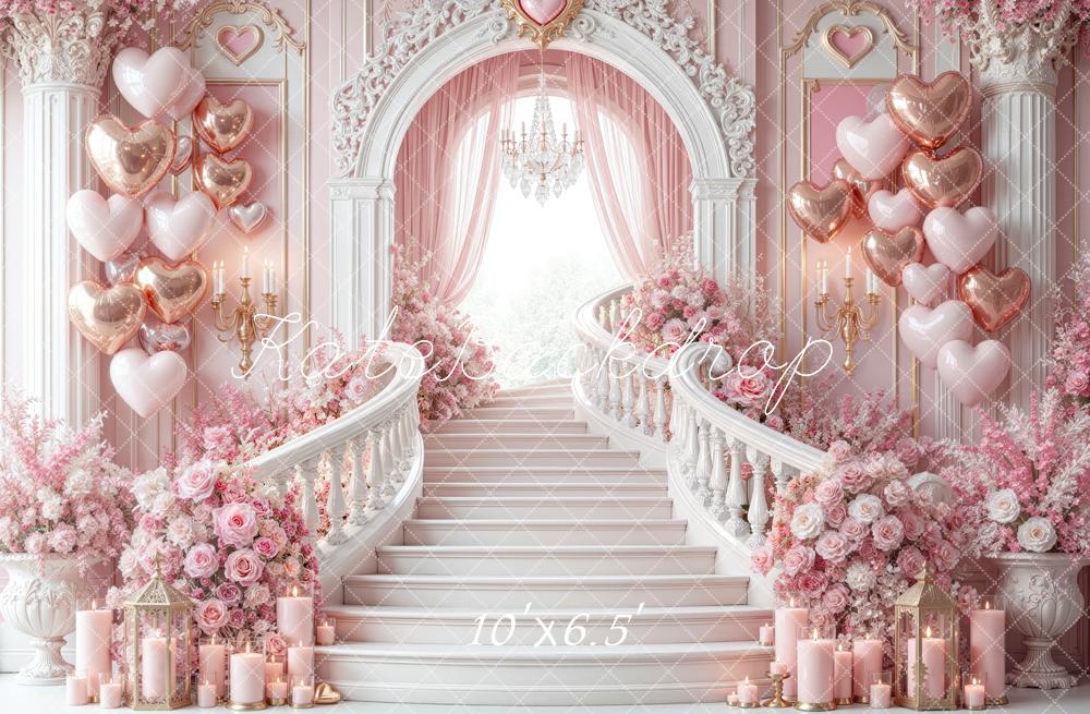Kate Valentine's Day Staircase Pink Heart Balloon Floral Printed Backdrop Designed by Mini MakeBelieve