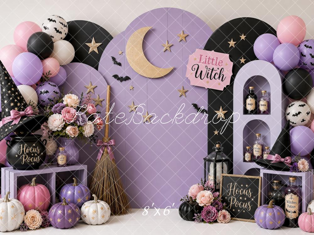 Kate Halloween Birthday Witch Hat Purple Moon Pumpkins Balloons Printed Backdrop Designed by Shutter Swan Studios