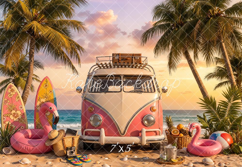 Kate Summer Beach Pink Truck Palm Trees Surfboards Flamingo Printed Backdrop Designed by Chain Photography
