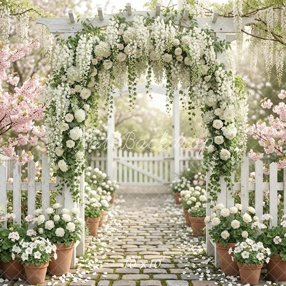 Kate Spring Flower Arch White Roses Cobblestone Path Garden Printed Backdrop Designed by Emetselch