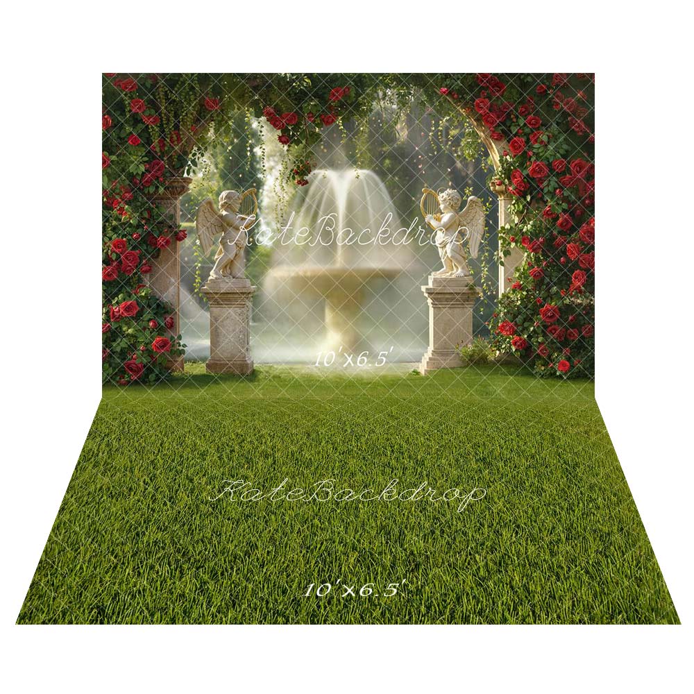 Kate Spring Red Rose Arch Angel Statues Fountain Garden Backdrop+Green Grass Field Floor Backdrop