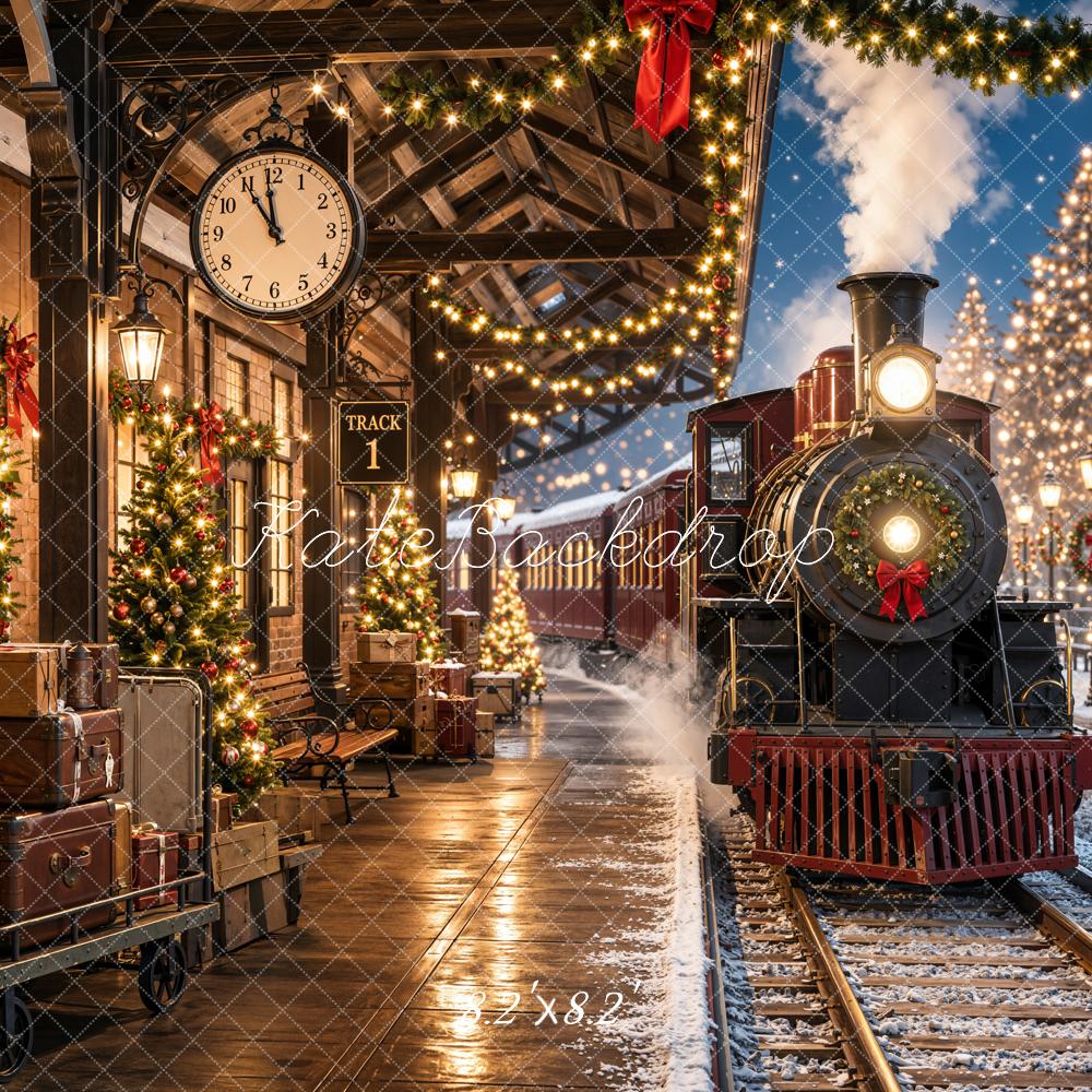 Kate Christmas Vintage Polar Train North Pole Station Printed Backdrop Designed by Emetselch