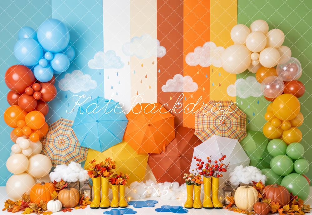 Kate Fall Birthday Rainbow Umbrellas Balloons Pumpkins Printed Backdrop Designed by Patty Roberts