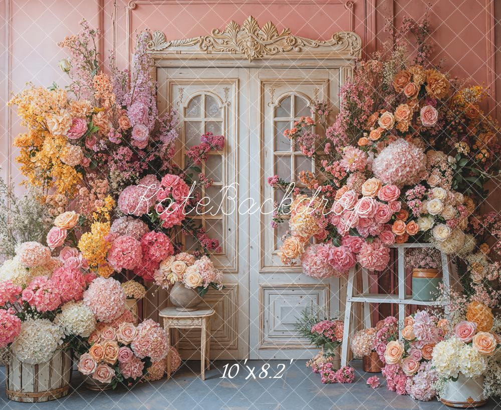 Kate Spring Flowers Vintage White Door Pink Wall Backdrop Designed by Emetselch