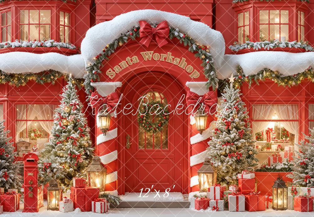 Kate Christmas Santa Workshop Red Snowy Trees Presents Backdrop Designed by Emetselch