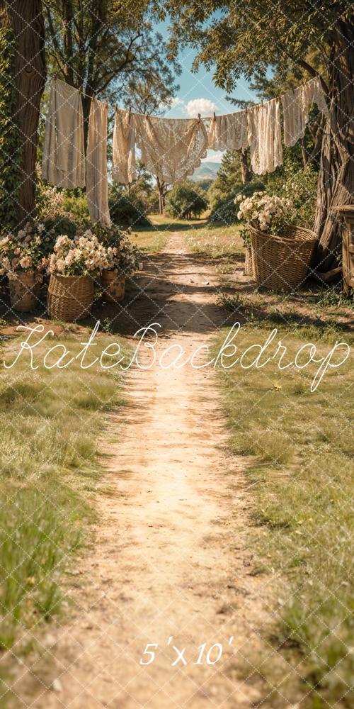 Kate Sweep Country Path Clothesline Flowers Baskets Trees Printed Backdrop Designed by Emetselch