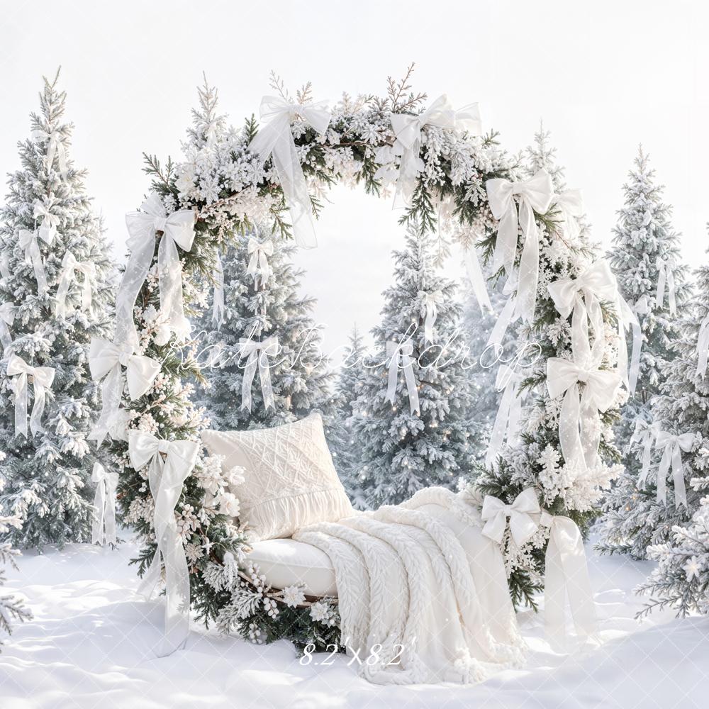 Kate Christmas Flower Arch Snowy Pine Trees White Bows Printed Backdrop Designed by Emetselch