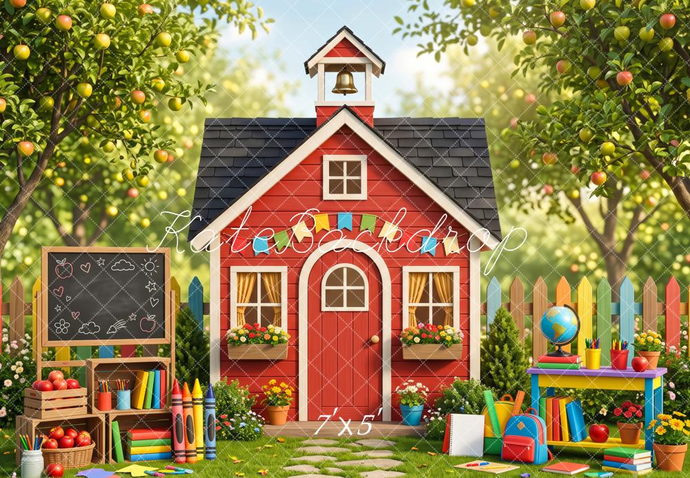 Kate Back To School Red Schoolhouse Apple Orchard Chalkboard Printed Backdrop Designed by Patty Roberts