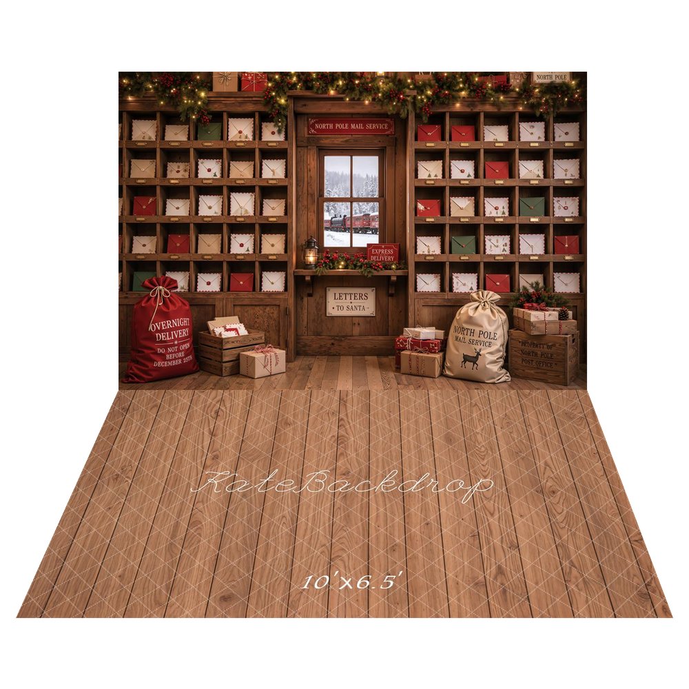 Kate Christmas North Pole Mail Room Letters Presents Shelves Garland Printed Backdrop+Brown Wood Plank Retro Wall Printed Backdrop