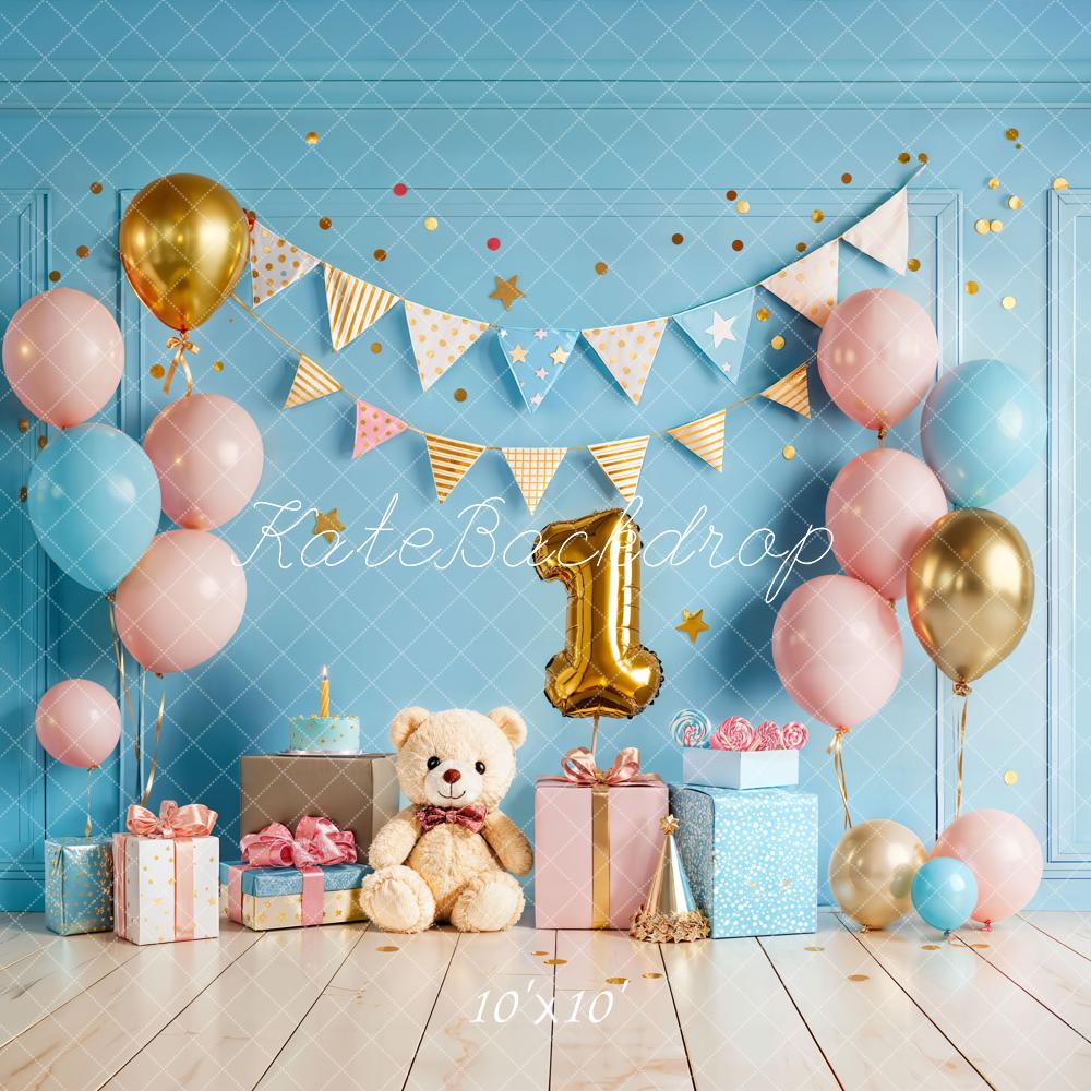 Kate Cake Smash Blue Balloon Bunting Teddy Bear First Birthday Backdrop Designed by Chain Photography