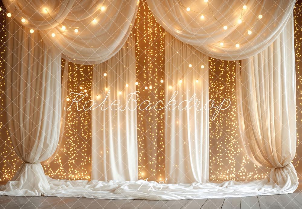 Kate White Drapes String Lights Curtain Printed Backdrop Designed by Mini MakeBelieve