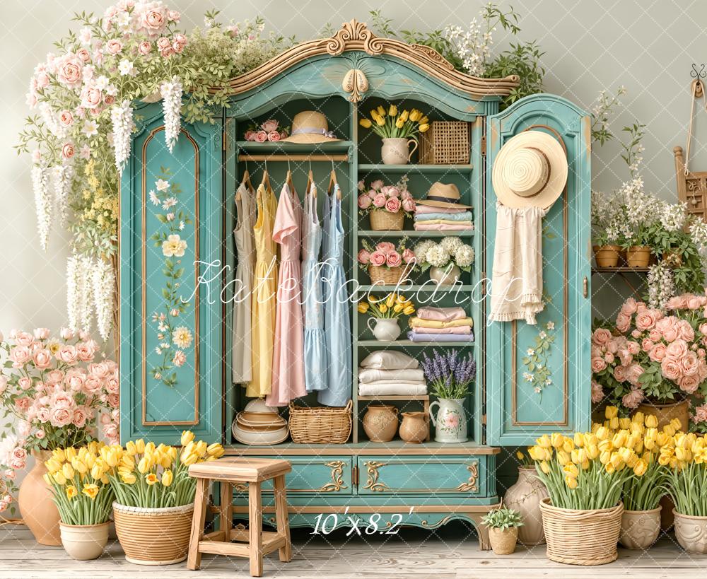Kate Spring Cabinet Flowers Dresses Teal Printed Backdrop Designed by Emetselch