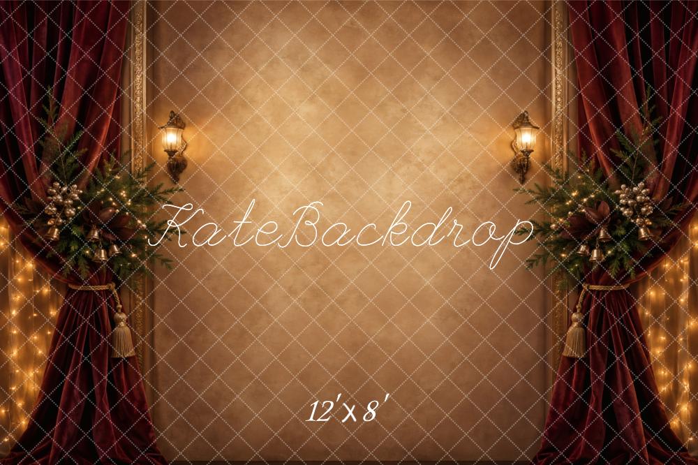 Kate Christmas Burgundy Drapes Garland Lanterns Printed Backdrop Designed by Vertigo Productions