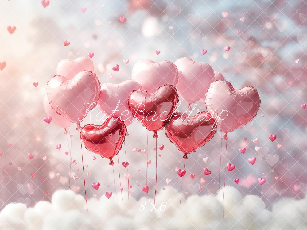 Kate Valentines Pink Heart Balloons Clouds Printed Backdrop Designed by Emetselch