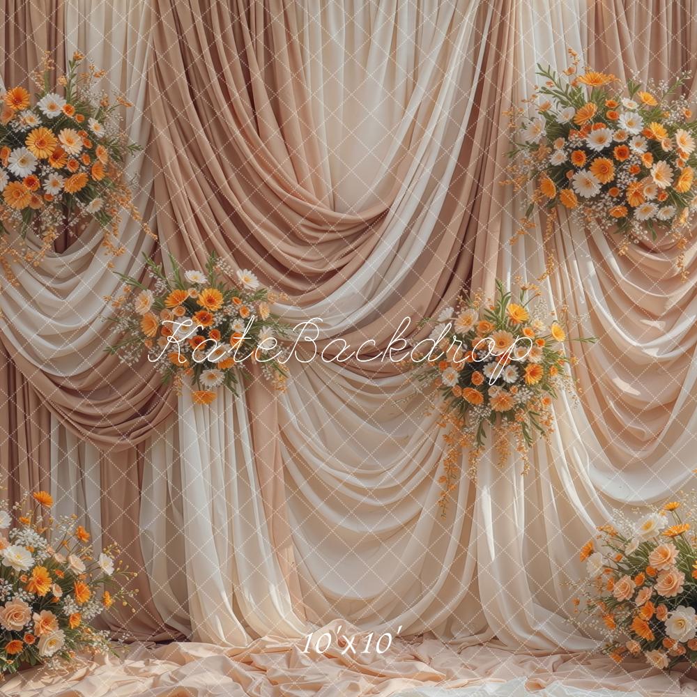 Kate Fall Beige Draped Curtains Orange Flower Printed Backdrop Designed by Mini MakeBelieve