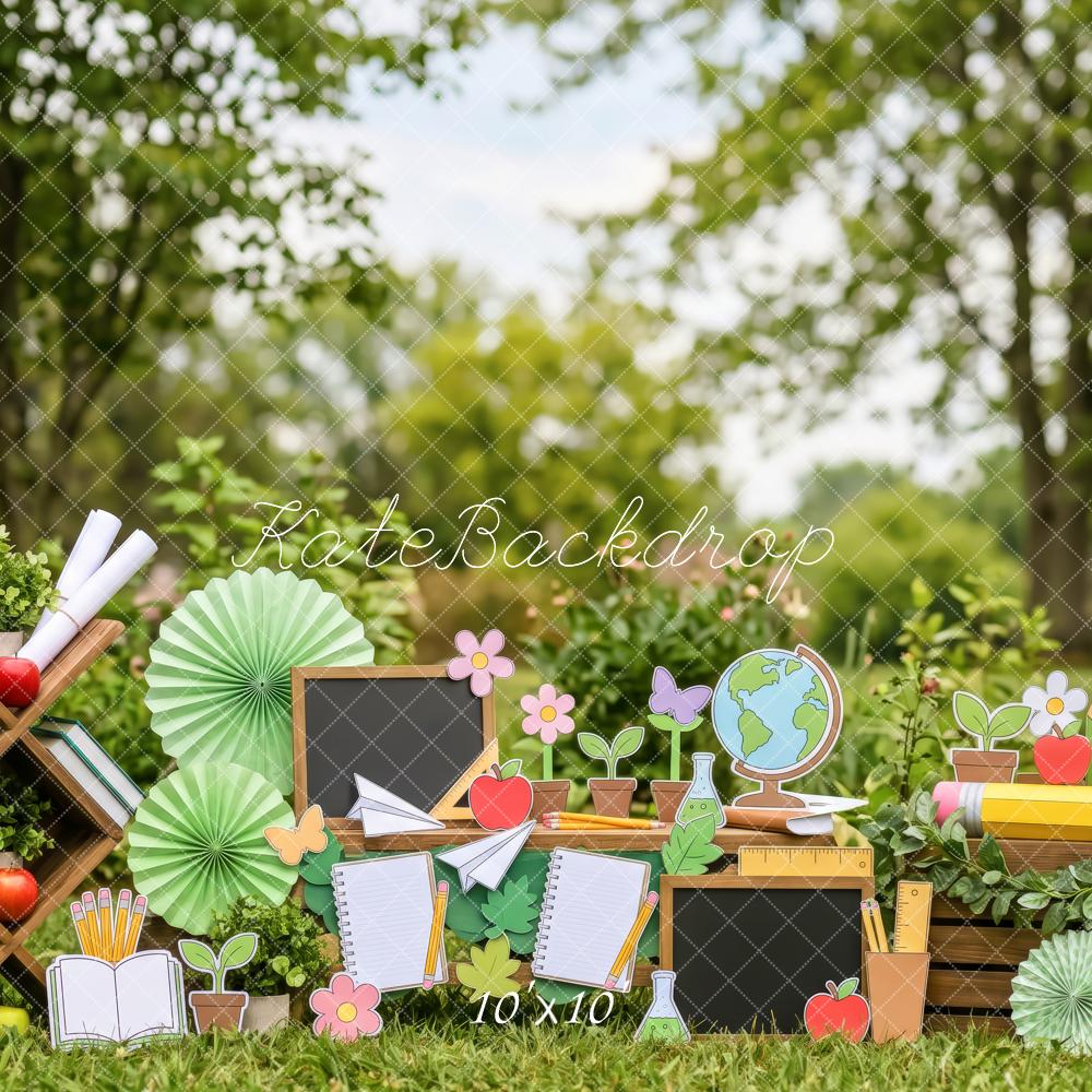 Kate Back to School Garden Chalkboard Books Pencils Globe Printed Backdrop Designed by Patty Roberts