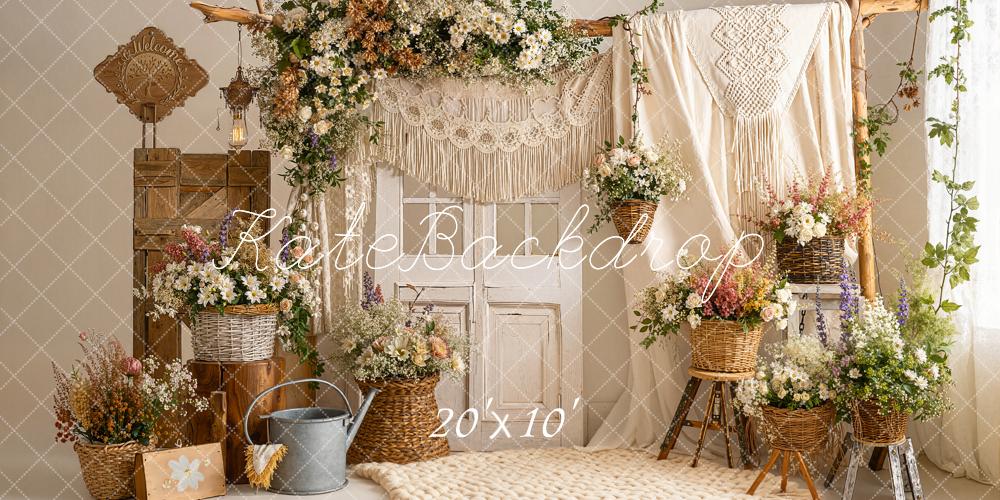 Kate Boho Flower Arch Macrame Wicker Baskets Neutral Printed Backdrop Designed by Emetselch