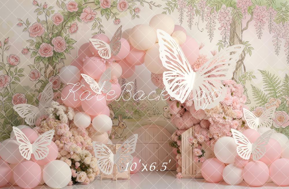 Kate Cake Smash Flower Arch Pink Balloons Roses Butterflies Printed Backdrop Designed by Emetselch
