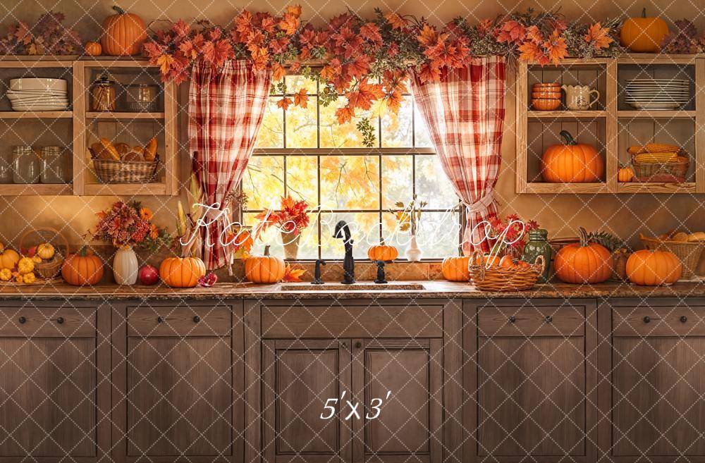 Kate Fall Kitchen Window Pumpkins Rustic Shelves Backdrop Designed by Emetselch