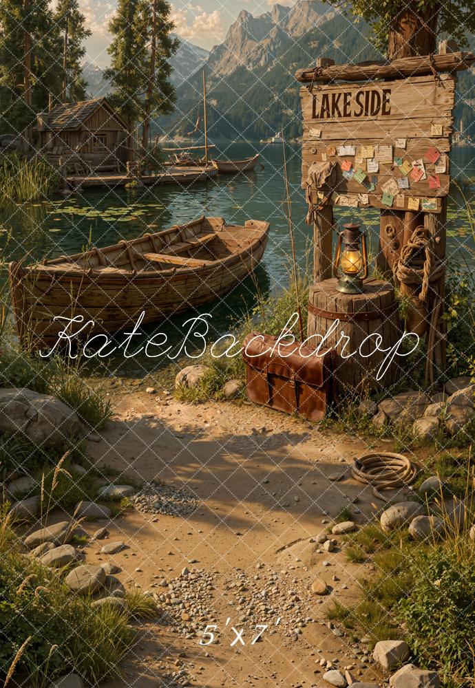 Kate Lakeside Wooden Boat Cabin Mountain Path Printed Backdrop Designed by Emetselch