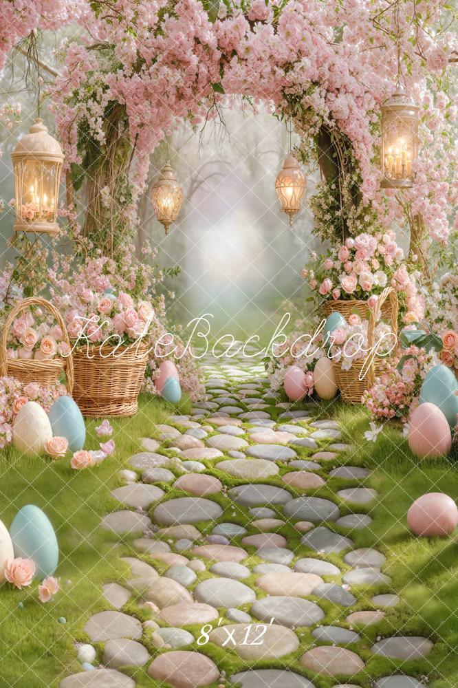 Kate Easter Flower Arch Pink Blossoms Pastel Easter Eggs Cobblestone Path Backdrop Designed by Emetselch