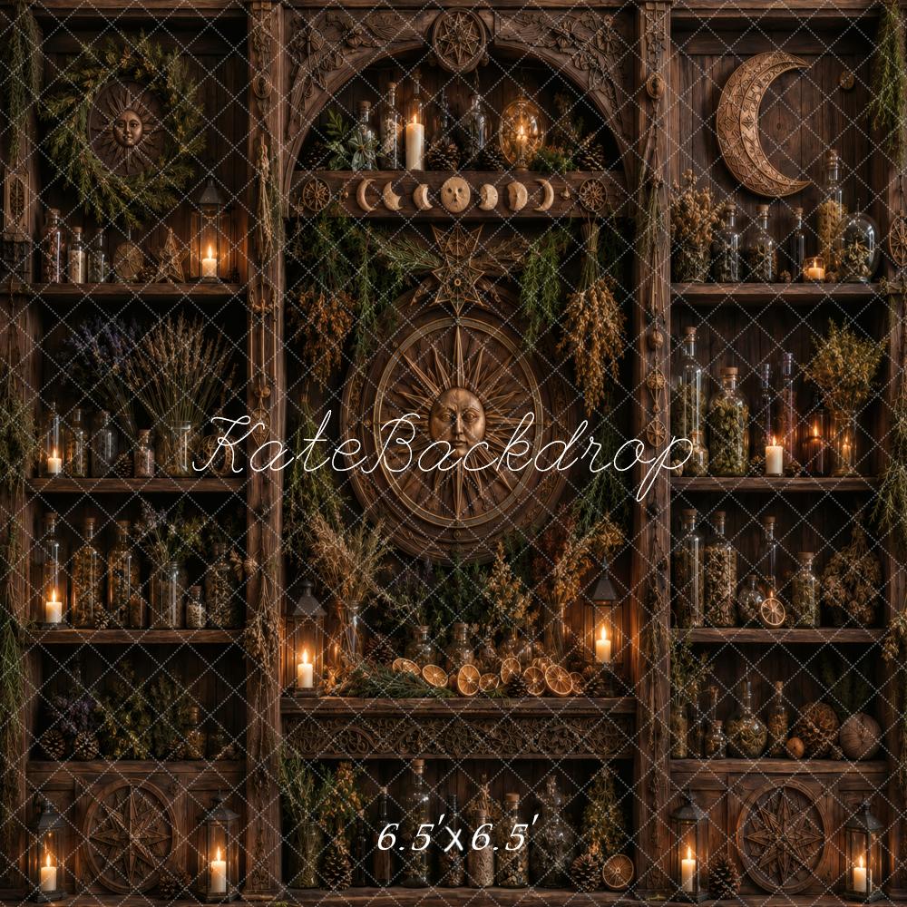 Kate Witch Apothecary Witchcraft Shelves Printed Backdrop Designed by Vertigo Productions