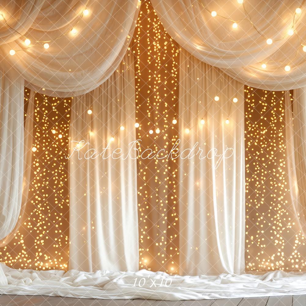 Kate White Drapes String Lights Curtain Printed Backdrop Designed by Mini MakeBelieve
