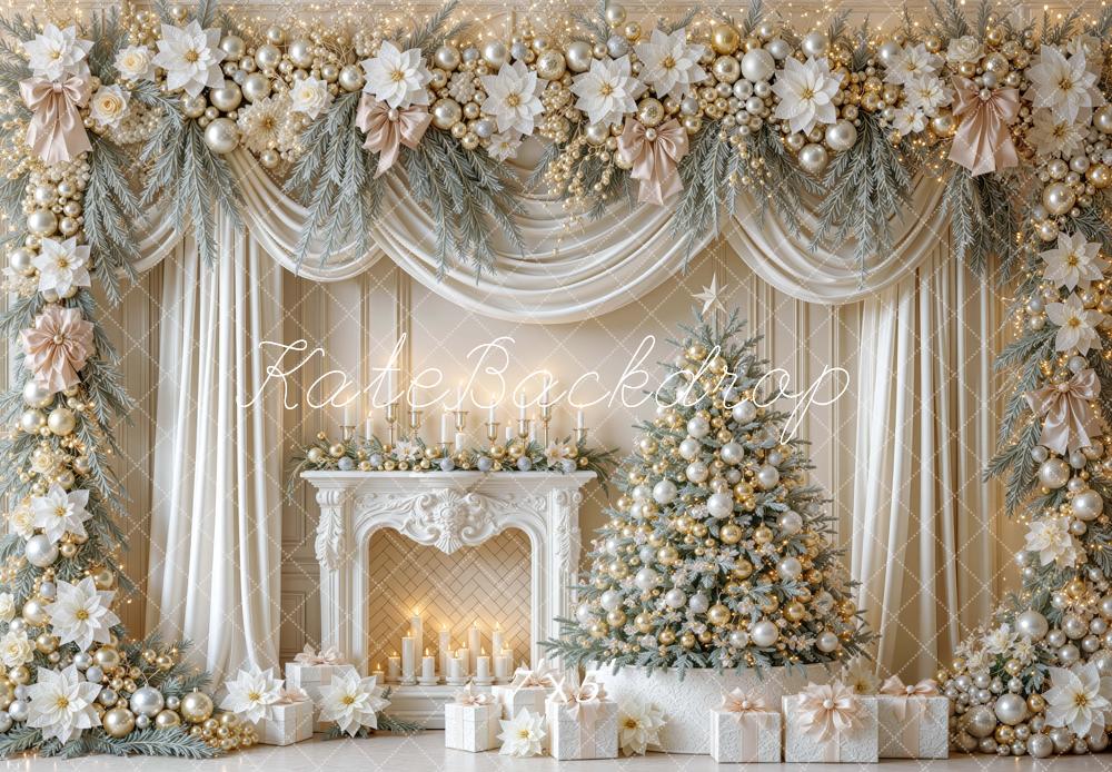 Kate Christmas Fireplace Ivory Gold Garland Tree Drapes Printed Backdrop Designed by Mini MakeBelieve