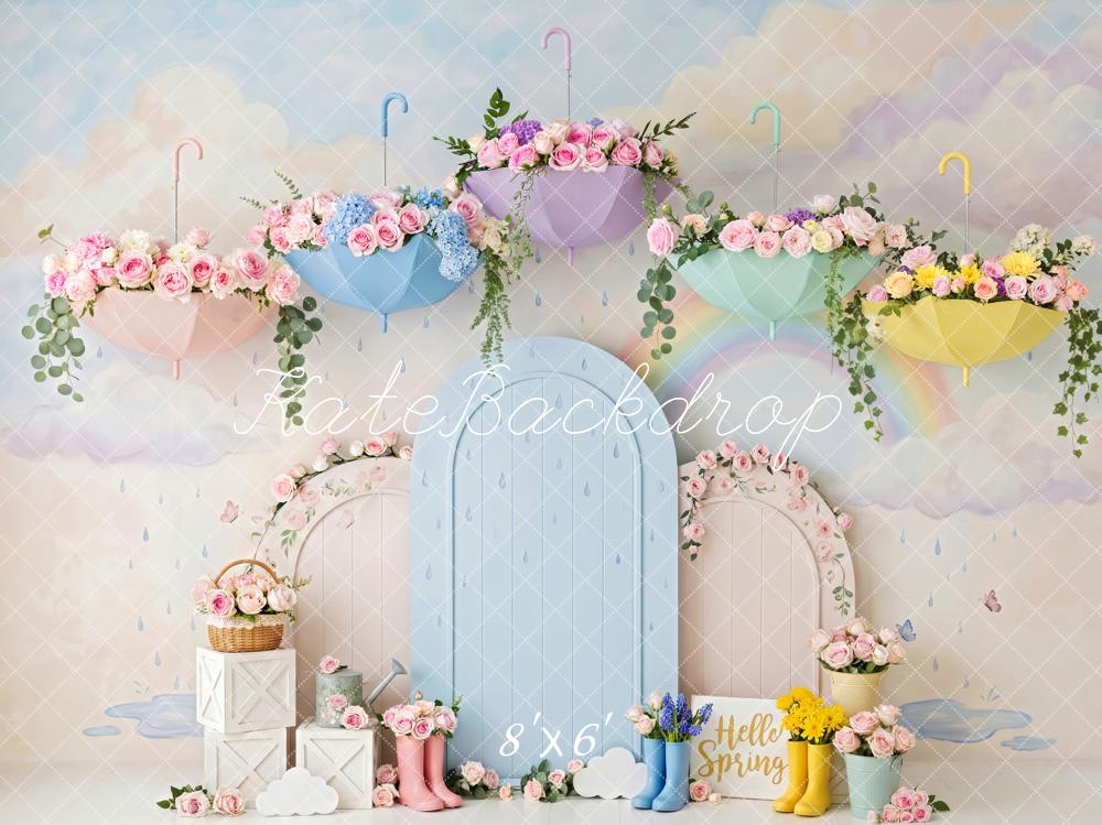 Kate Spring Floral Umbrellas Arched Door Rain Boots Printed Backdrop Designed by Patty Roberts