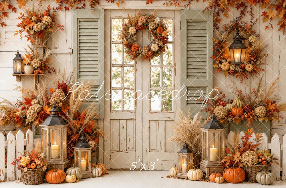 Kate Fall Floral Door Garland Pumpkins Window Shutters Lanterns Fence Printed Backdrop Designed by Emetselch